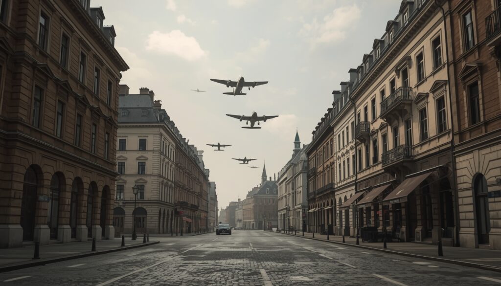 European city streets during World War II with military aircraft in the sky