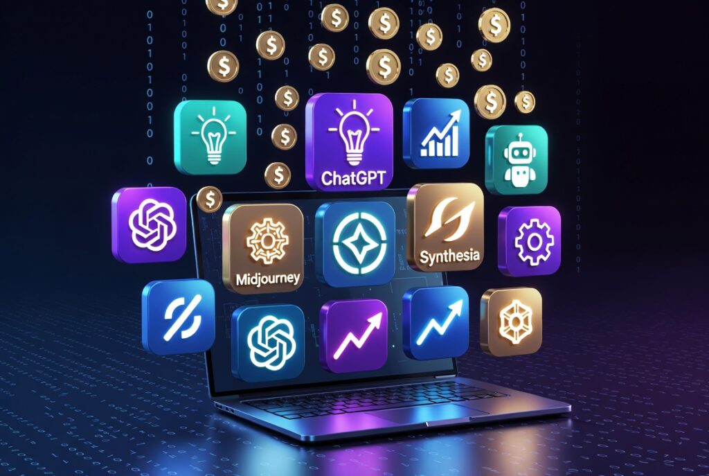 Futuristic AI tools and money symbols illustration representing best way to make money online with AI tools