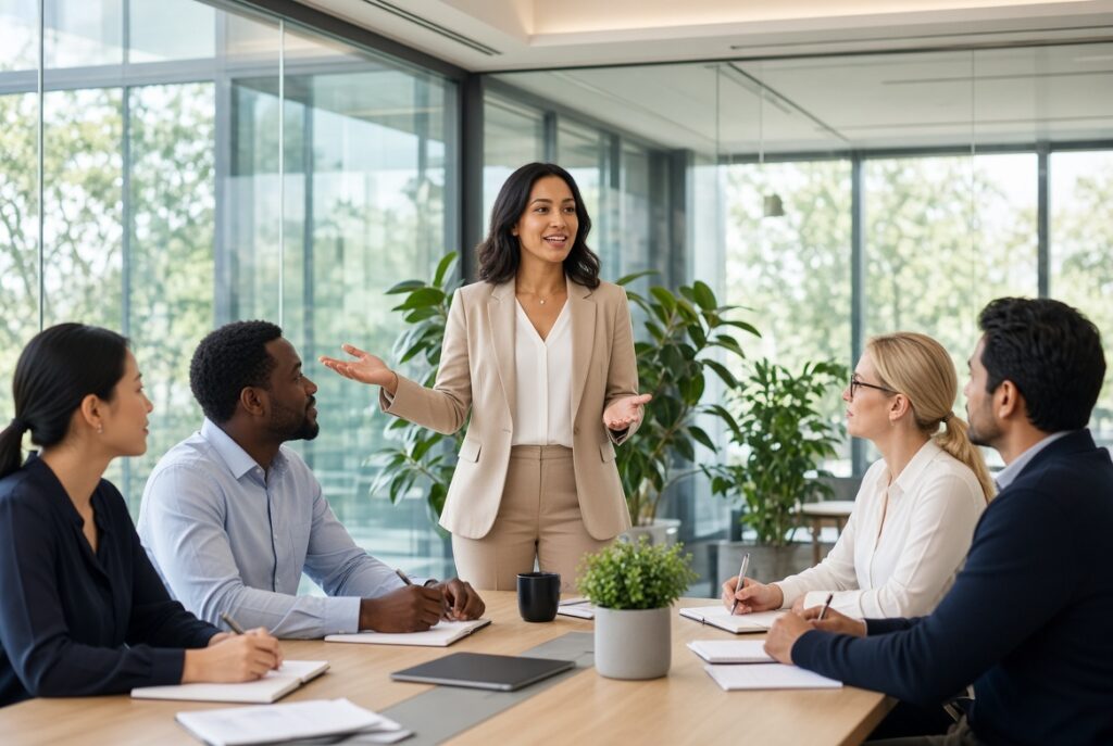 Career skills that increase your income – strong communication and sales skills demonstrated during a professional team presentation
