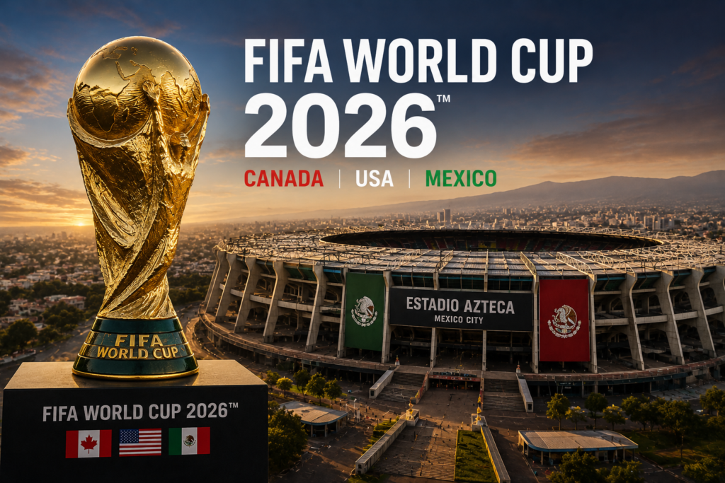 FIFA World Cup 2026 trophy and Estadio Azteca in Mexico City