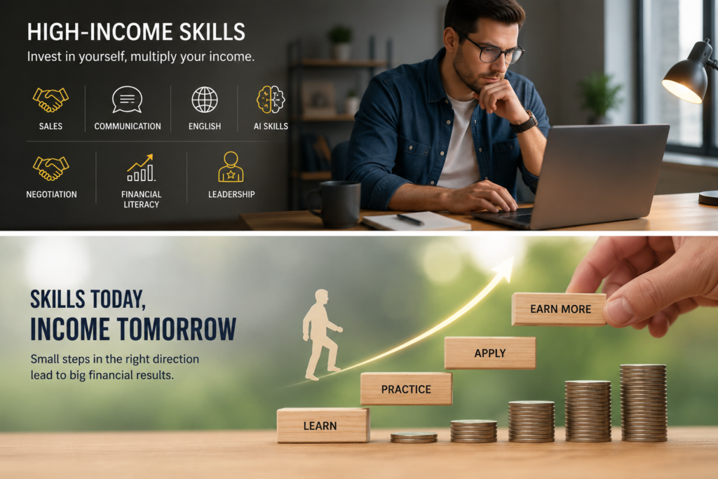 Infographic on high-income career skills that increase your income, showing sales, communication, English, AI, negotiation, financial literacy and leadership, with a visual path from learning and practicing skills to earning more money