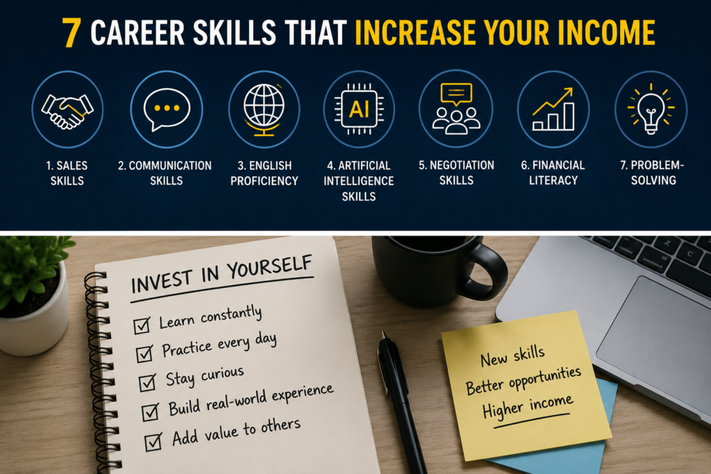 Infographic of the 7 career skills that increase your income — sales, communication, English proficiency, artificial intelligence, negotiation, financial literacy and problem-solving — with a notebook checklist on investing in yourself to build higher earning potential