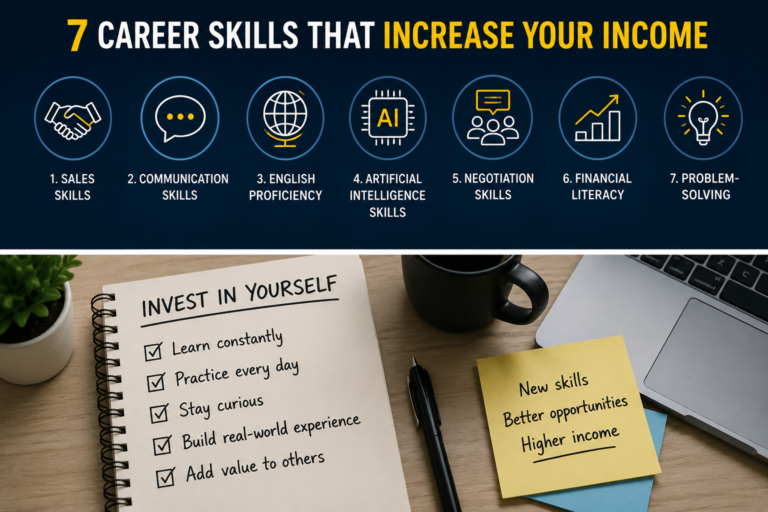 Infographic of the 7 career skills that increase your income — sales, communication, English proficiency, artificial intelligence, negotiation, financial literacy and problem-solving — with a notebook checklist on investing in yourself to build higher earning potential