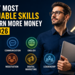 Illustration of professional growth and learning pathways highlighting the most valuable skills to earn more money in today’s job market, including digital, financial, and communication skills.