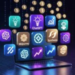 Futuristic AI tools and money symbols illustration representing best AI tools for making money online in 2026.