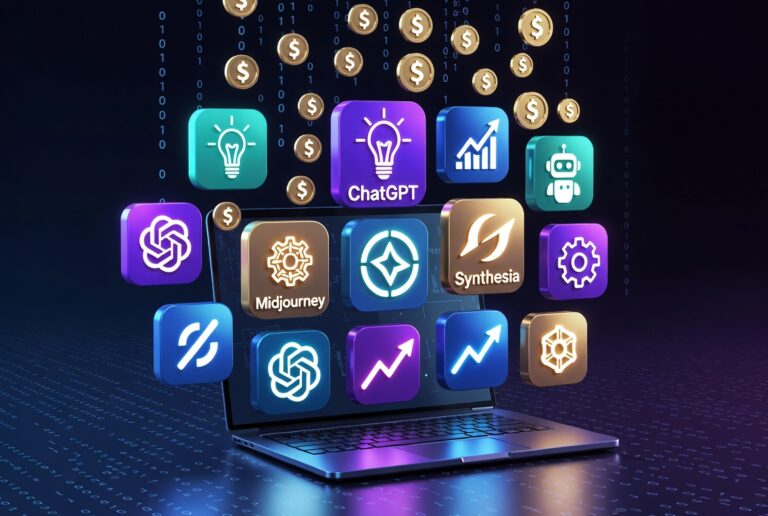 Futuristic AI tools and money symbols illustration representing best AI tools for making money online in 2026.