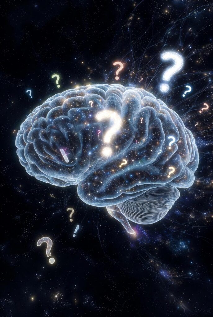 Surreal glowing human brain made of stars and cosmic neurons floating in space with bright question marks, symbolizing the unexplained mysteries of consciousness, dreams, sleep, and the placebo effect