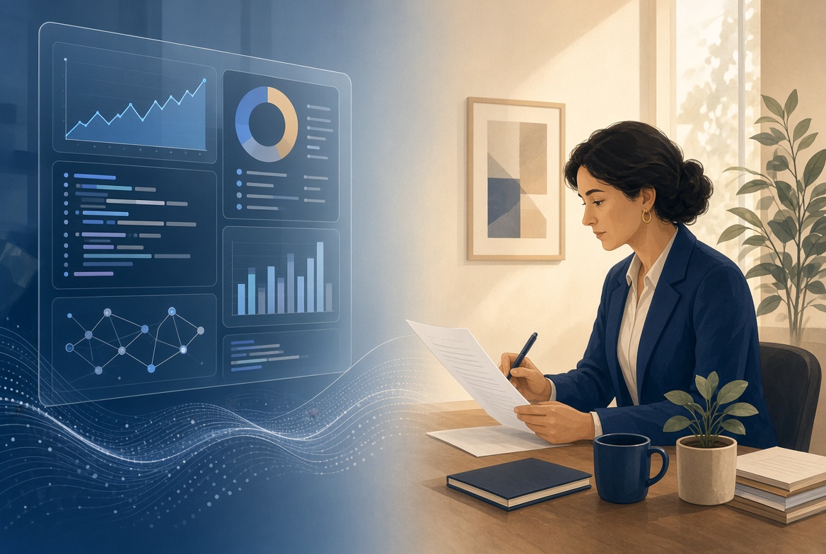 what AI can't do — human professional making a judgment decision alongside automated digital tasks