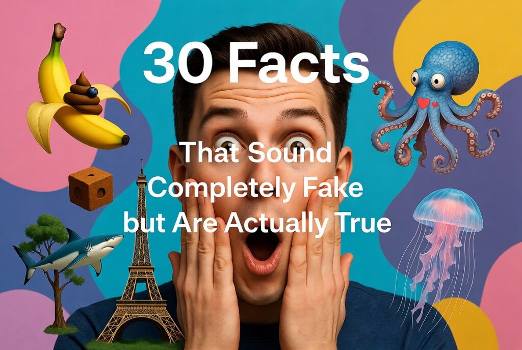 Surprising facts that sound fake but are true - mind-blowing illustration with bananas, octopuses, sharks and more for the blog article.