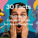 Illustration of facts that sound completely fake but are actually true featuring surprising science, nature and space discoveries