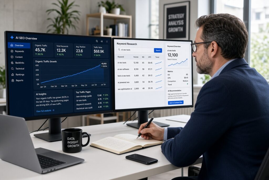 consultant using AI SEO tools to grow a client's website traffic