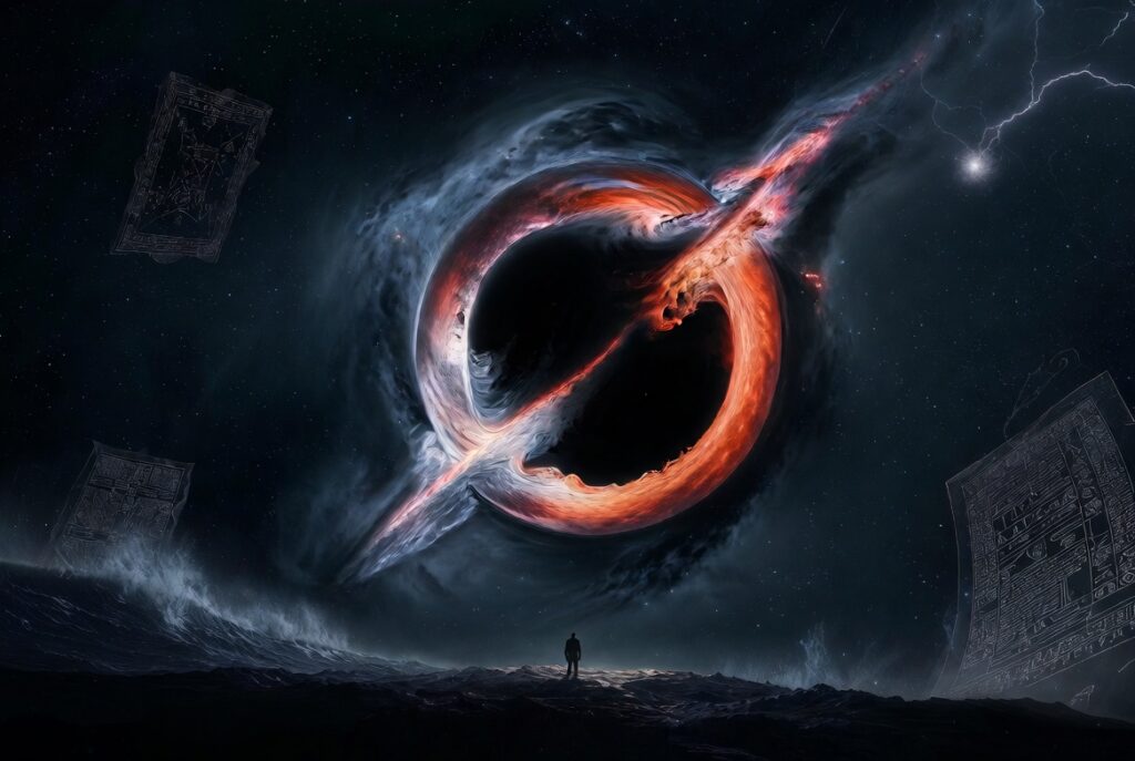 Epic view of a massive black hole with glowing accretion disk and mysterious ancient artifacts floating in space, with a lone human figure gazing into the unknown, illustrating the greatest unsolved mysteries of science in 2026