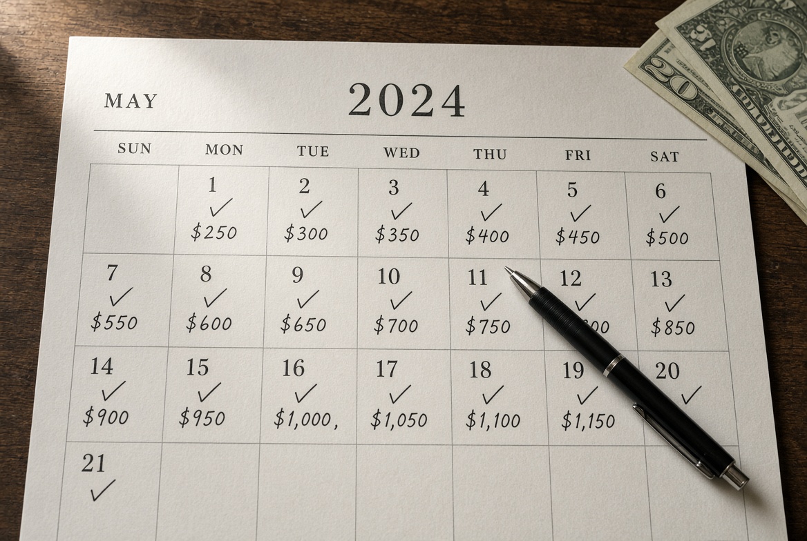weekly savings tracker calendar for saving 500 dollars in 30 days