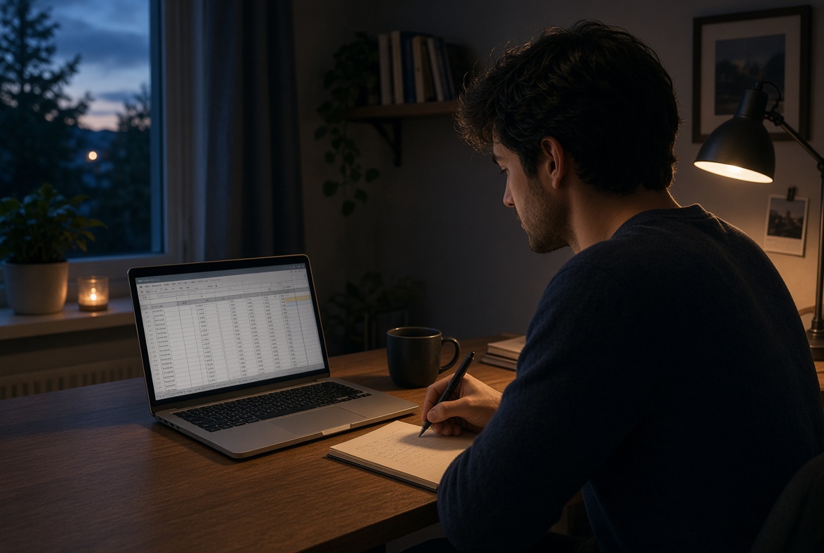 person planning startup costs for a first online business on a laptop