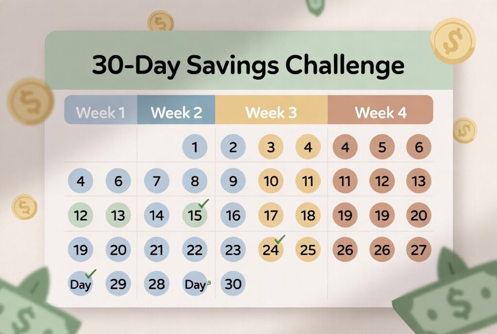 30-day savings challenge weekly tracker calendar