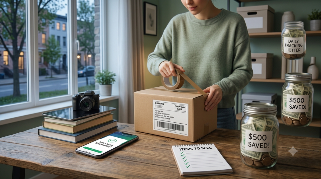 person listing unused items online to sell for extra savings