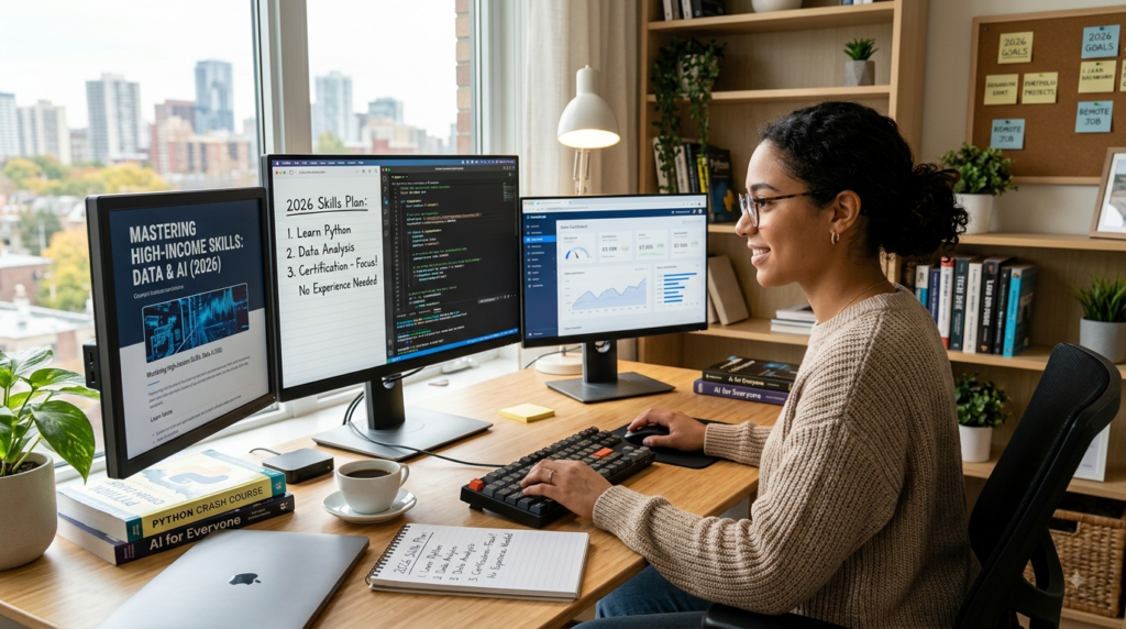A focused person working in a modern home office, using multiple computer monitors displaying code, data analytics dashboards, and a learning roadmap titled "2026 Skills Plan," with books on Python and AI on the desk.