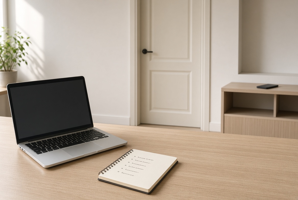 designed workspace with phone removed to reduce distraction while working alone