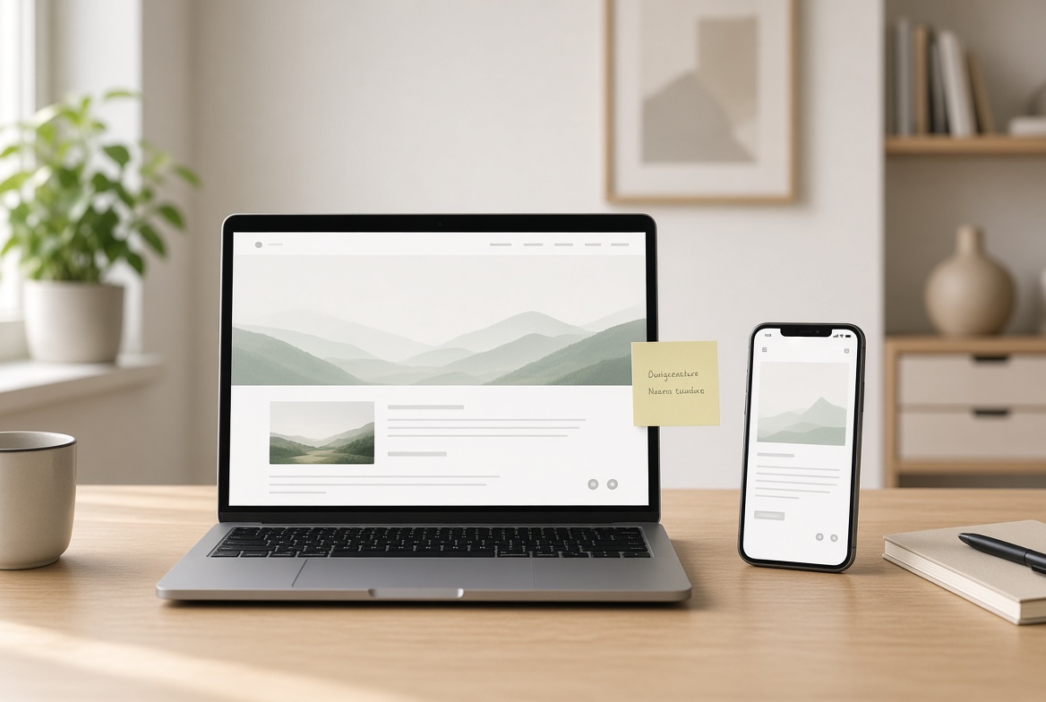 founder launching a first online business website from a home desk