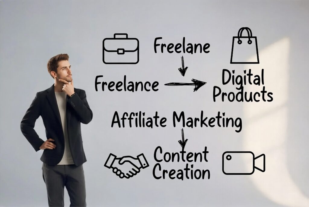 person choosing a method to make money online on a laptop
