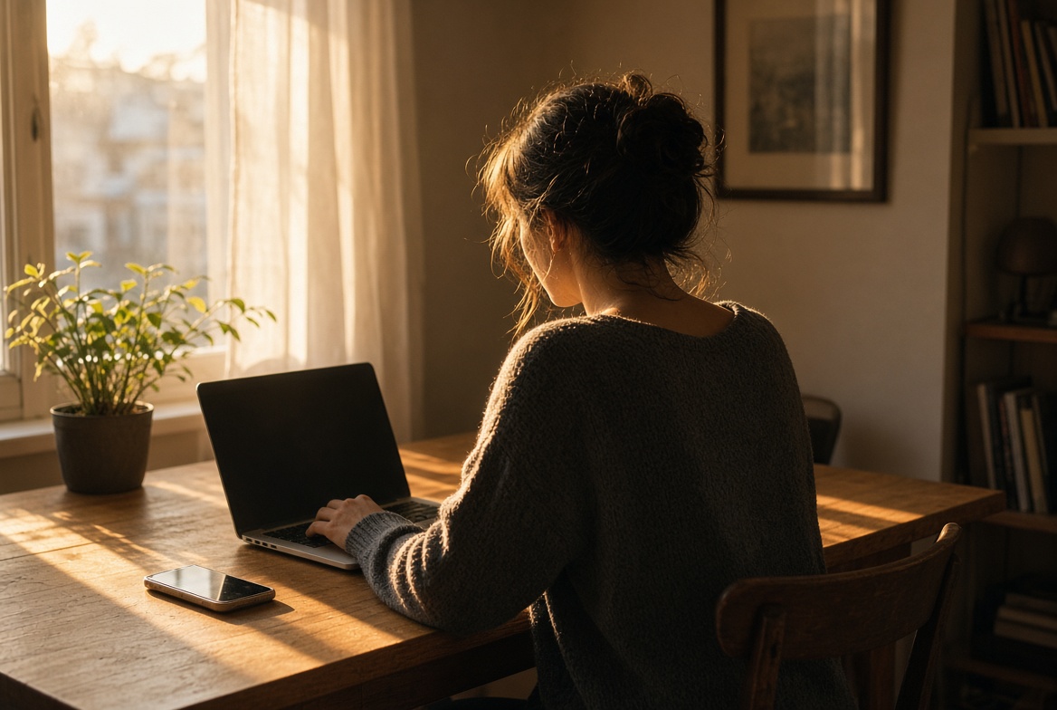 person working alone at a desk late in the day struggling to focus
