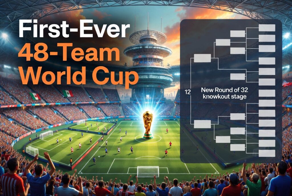 48-team World Cup 2026 stadium spectacle with expanded bracket and glowing trophy across USA, Mexico, and Canada host cities