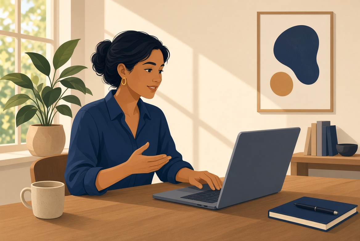person working confidently in a second language at a desk