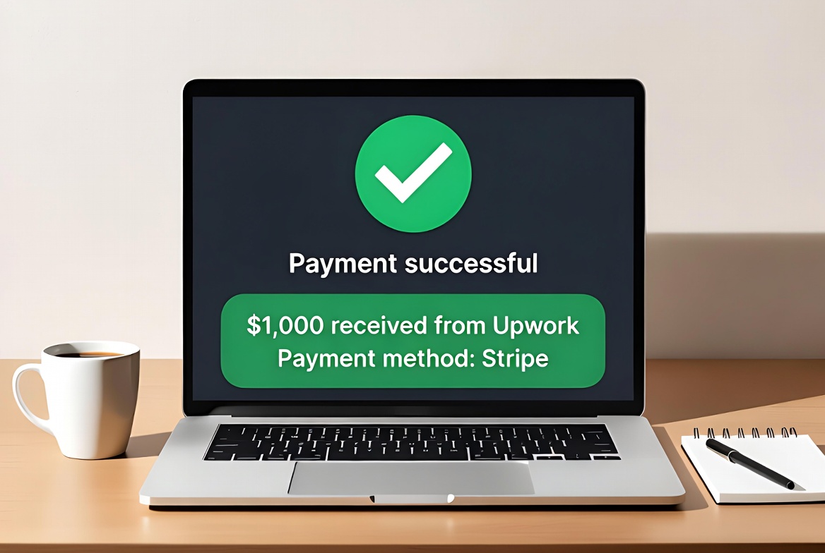 Laptop screen displaying first successful payment notification for make money online journey in 2026, showing $1,000 received – step-by-step guide to earning your first income online