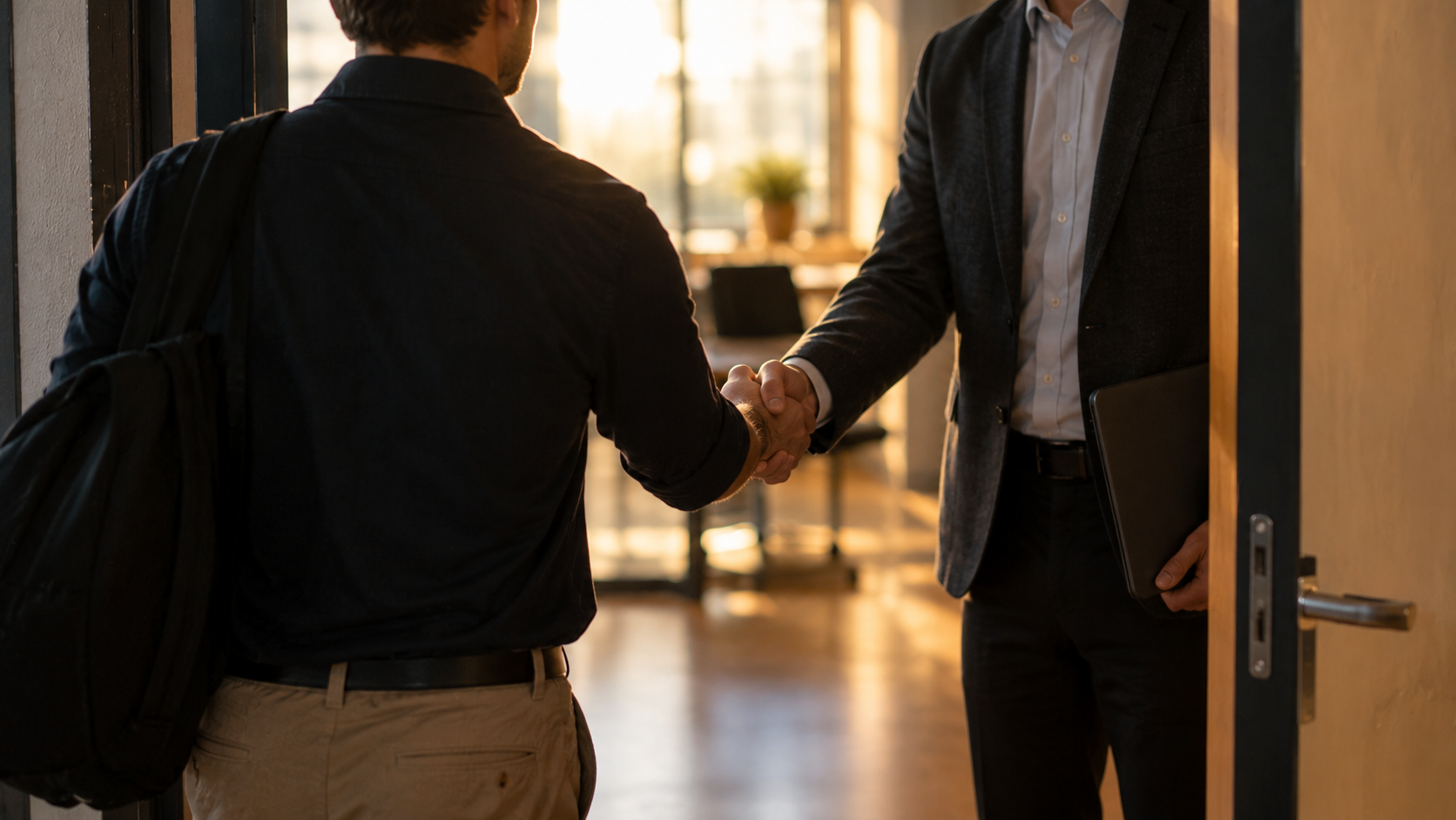 Handshake in a doorway at the end of a meeting