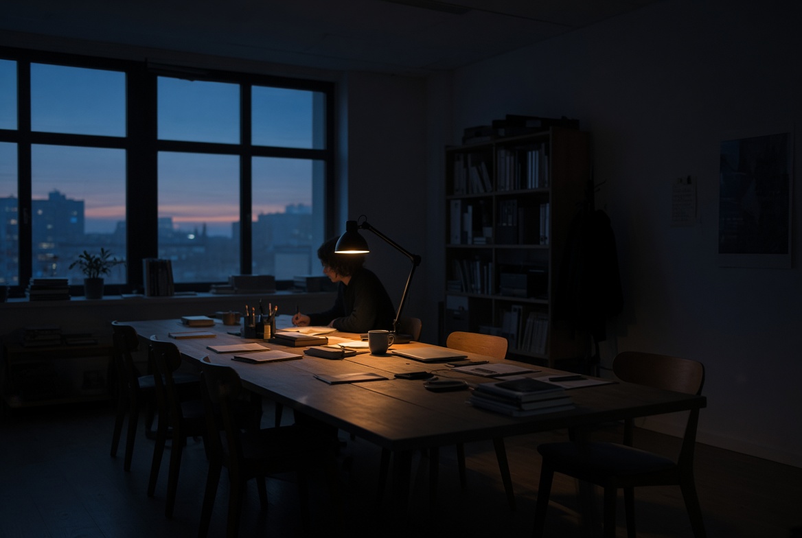 Empty chair at a shared workspace table beside an occupied one