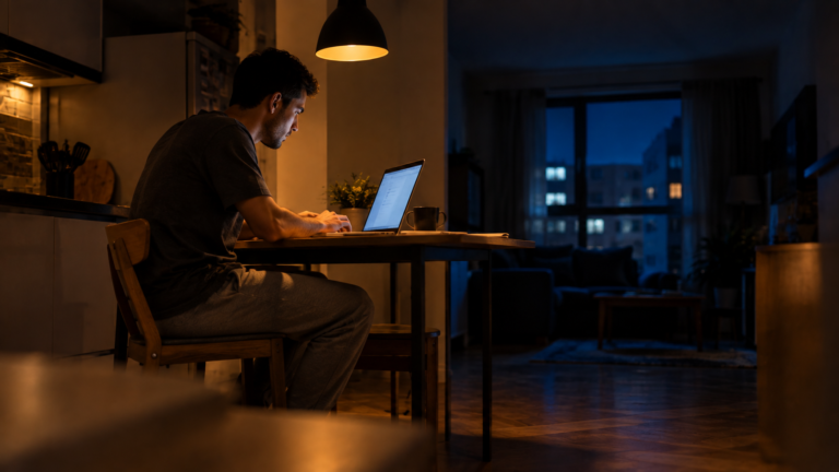Start a business while working full time — person working on a side business at a kitchen table after work hours