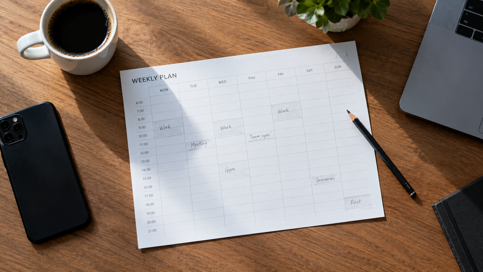 Weekly planner showing protected time blocks for a side business