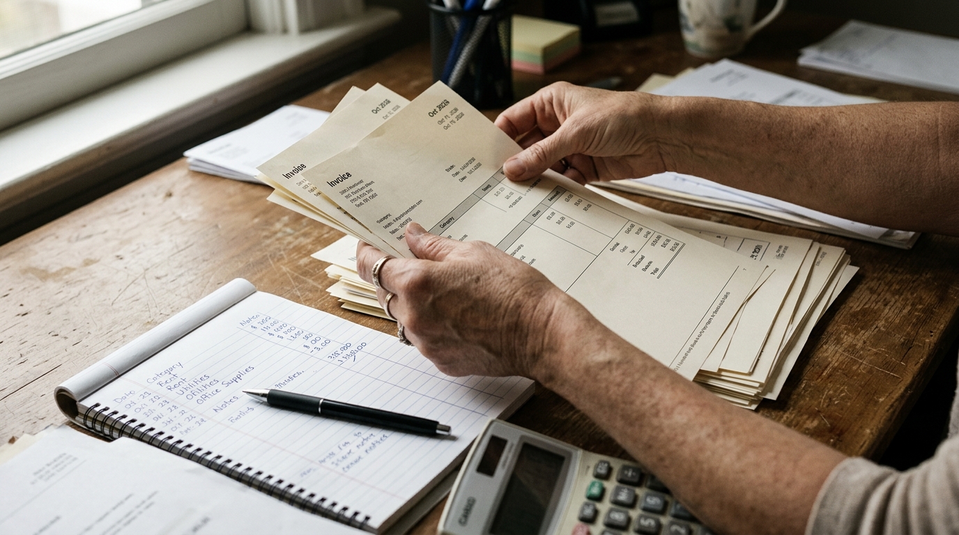 Sorting invoices and records for a part-time business alongside a full-time job