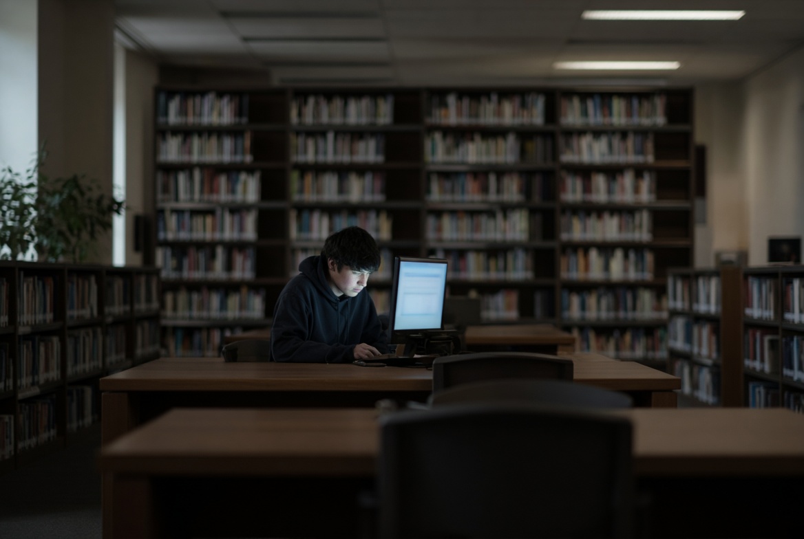 Student looking at a computer screen with a worried expression