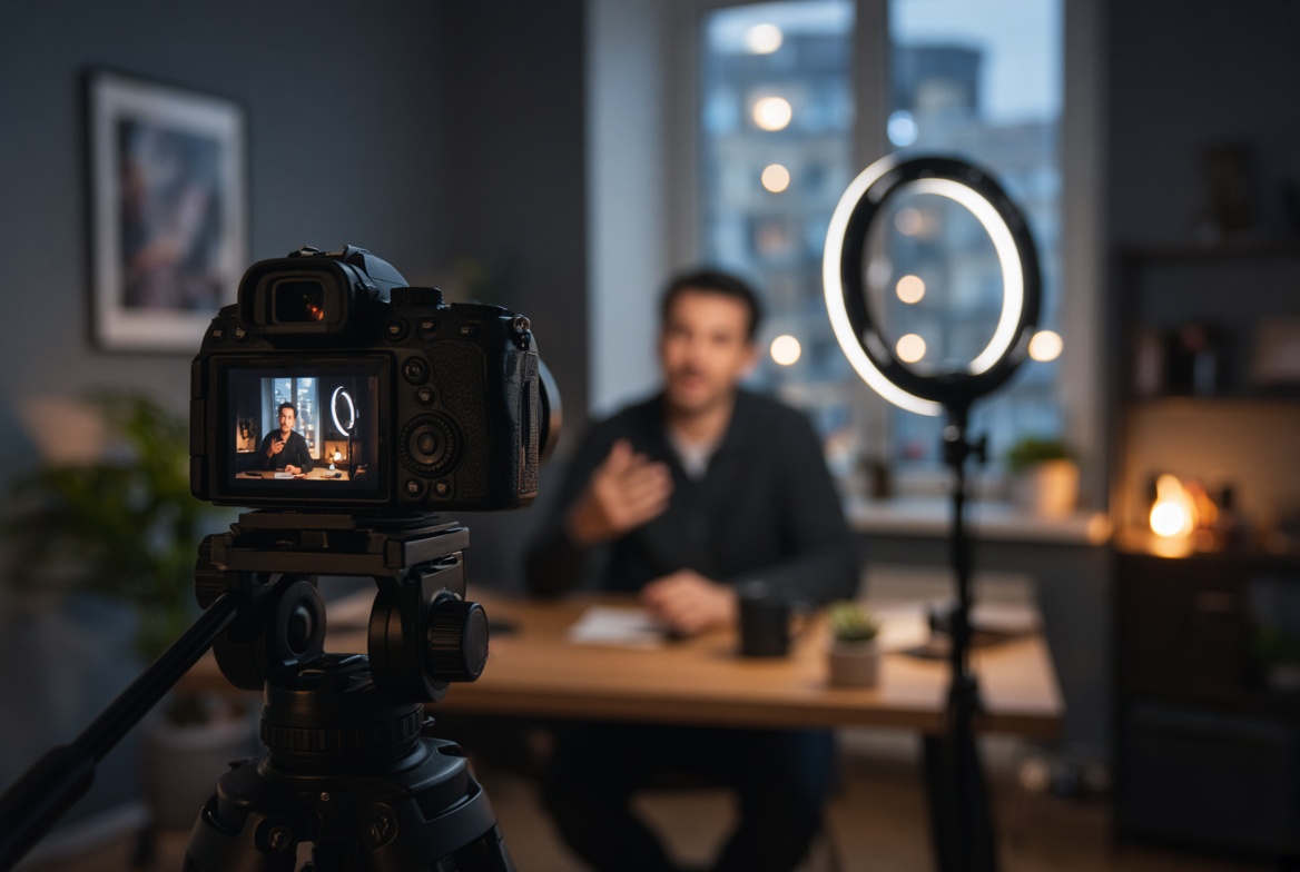 Camera recording a person speaking at a desk