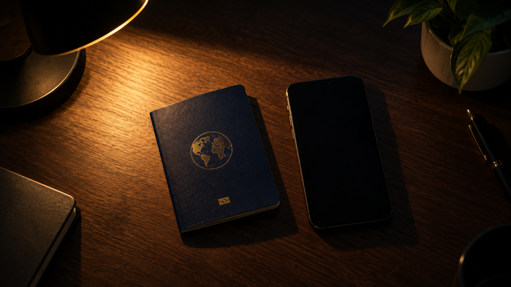 Passport and phone lying on a desk under a lamp
