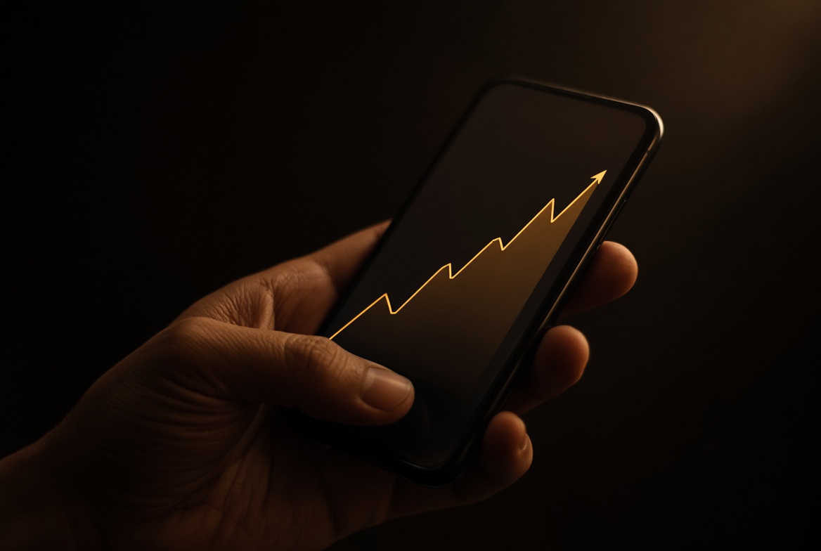 Close-up of a hand holding a phone displaying a video channel analytics screen