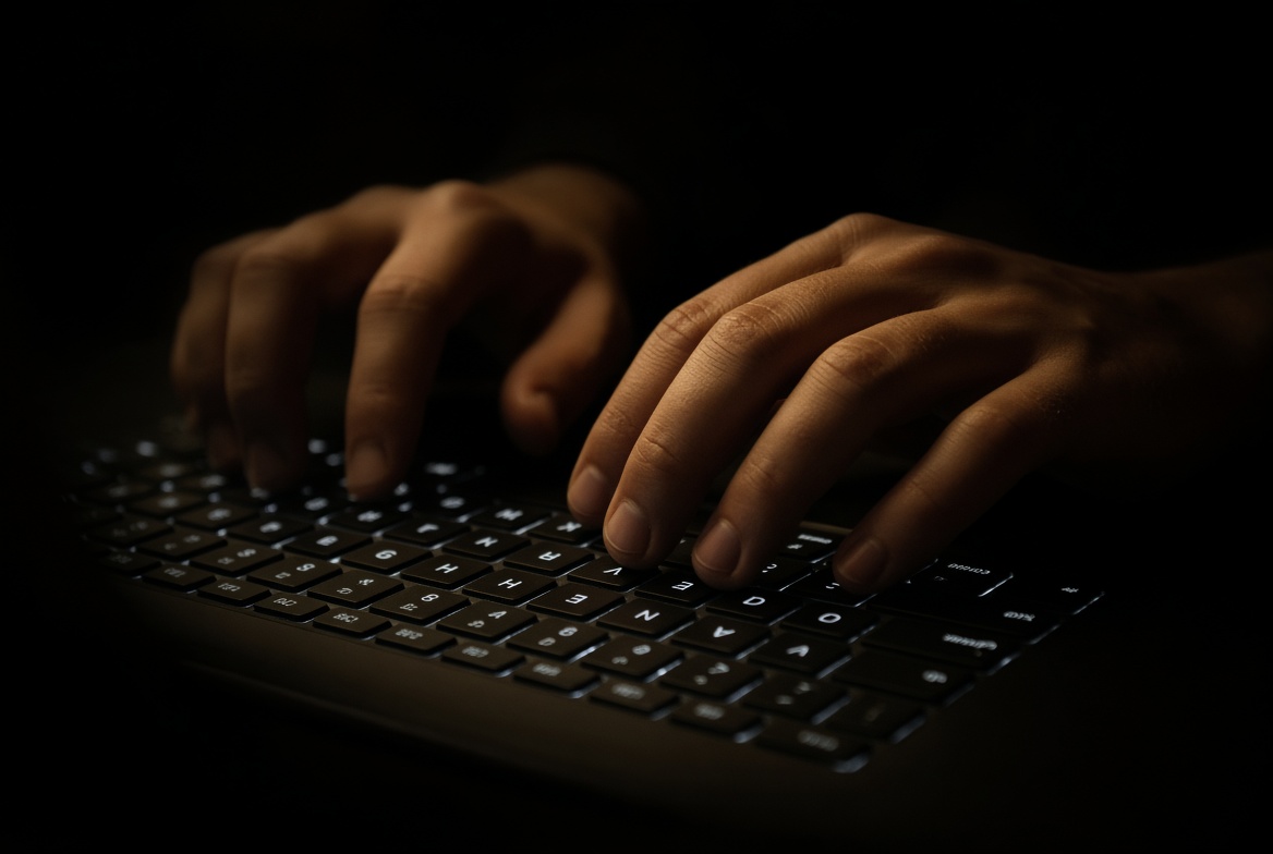 Hands typing on a laptop keyboard in a dim room