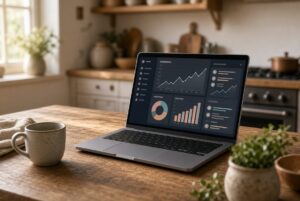 Laptop showing an online storefront dashboard, illustrating AI passive income claims