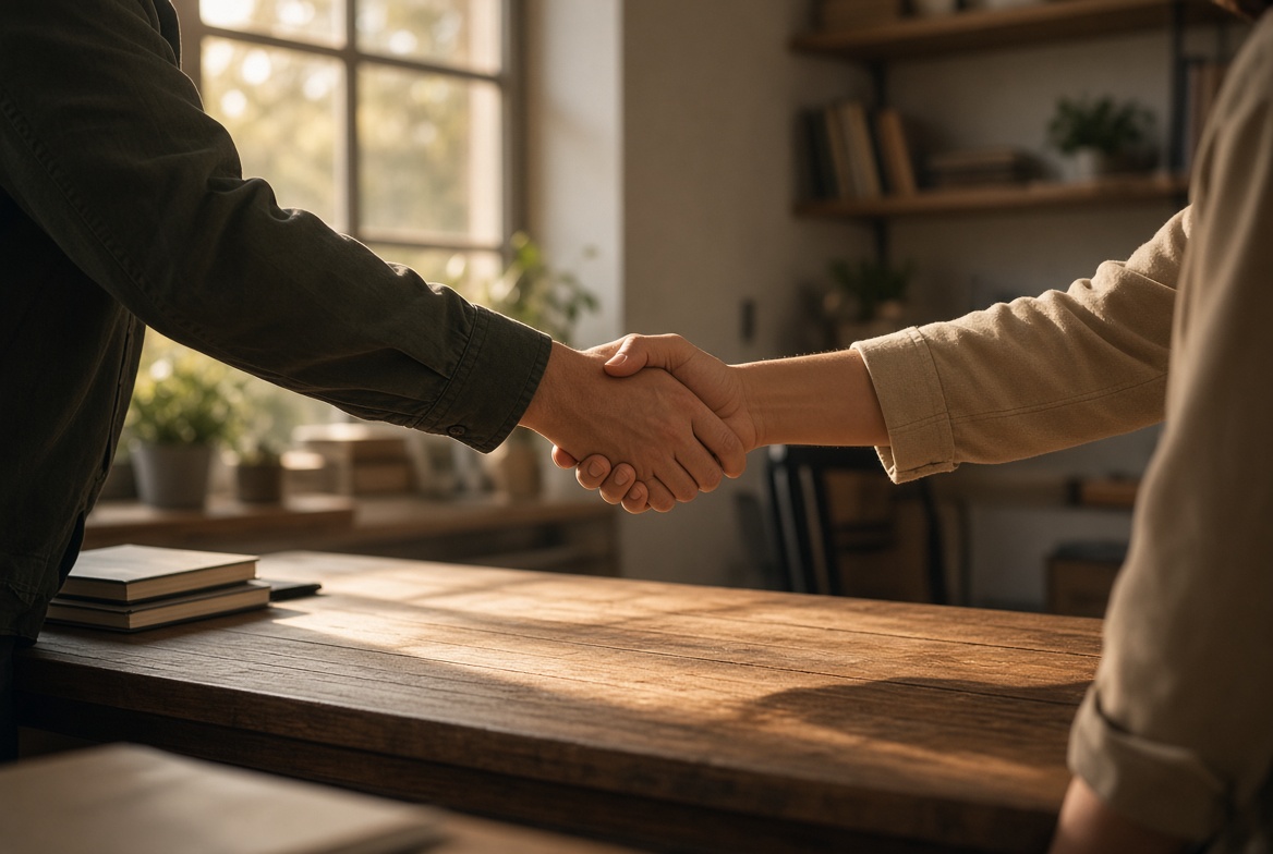 Two people shaking hands over a desk, illustrating how referral programs work