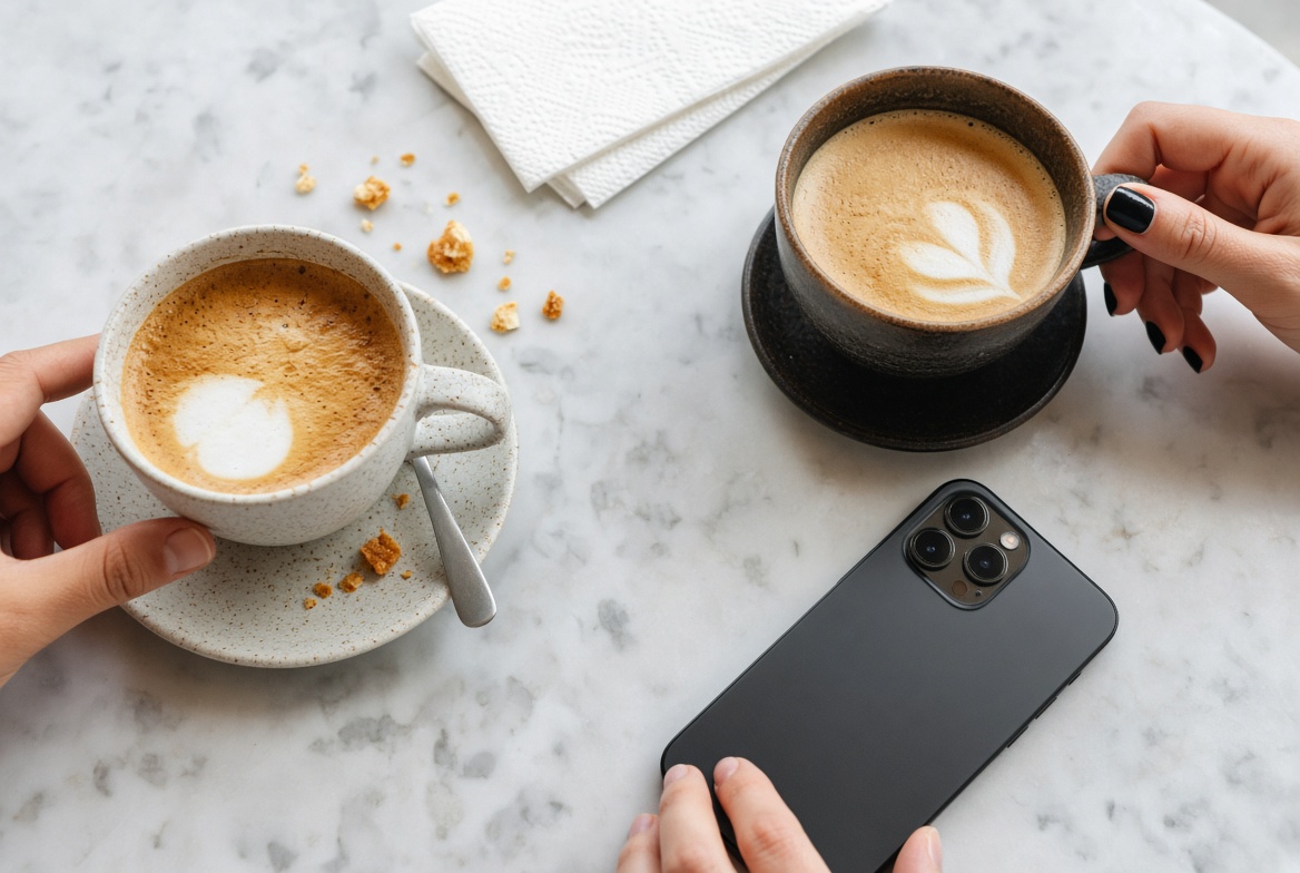 Close-up of two coffee cups and a phone between two people mid-conversation