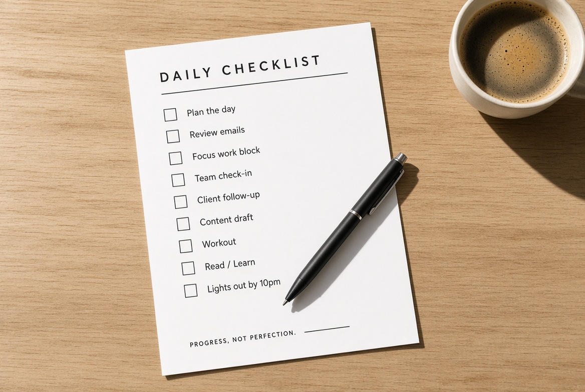 Printed checklist with a pen resting on it