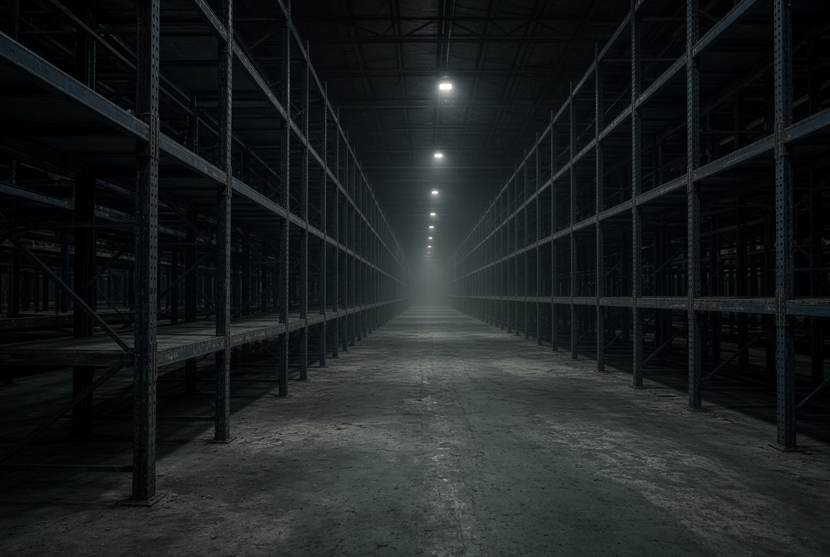 Empty warehouse shelving in dim light