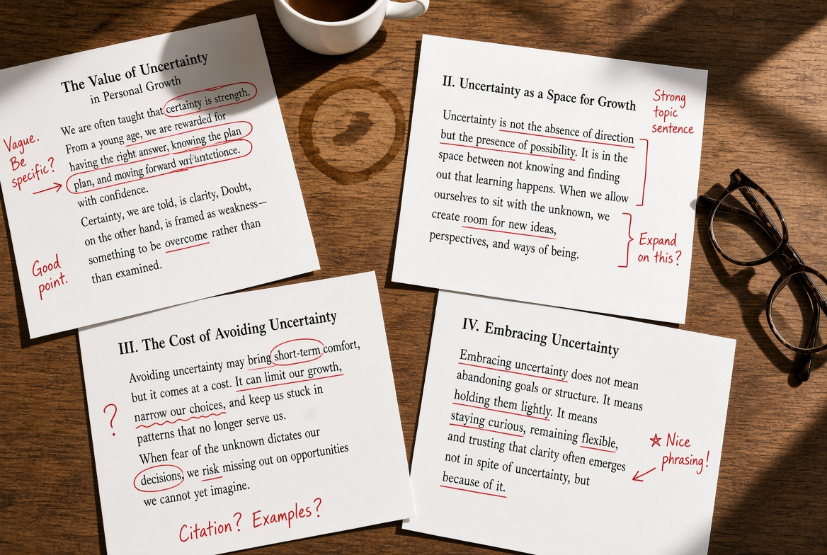 Printed essay pages marked with red pen on a desk