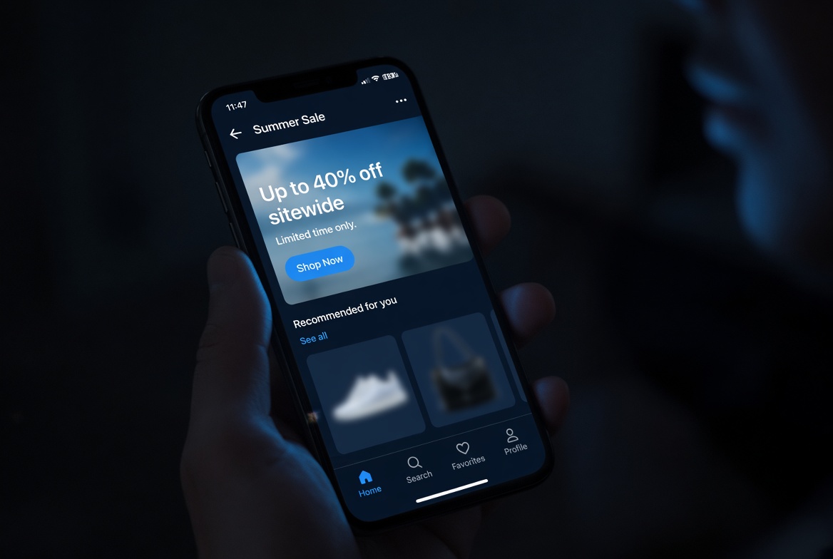 Smartphone displaying a social media advertisement at night